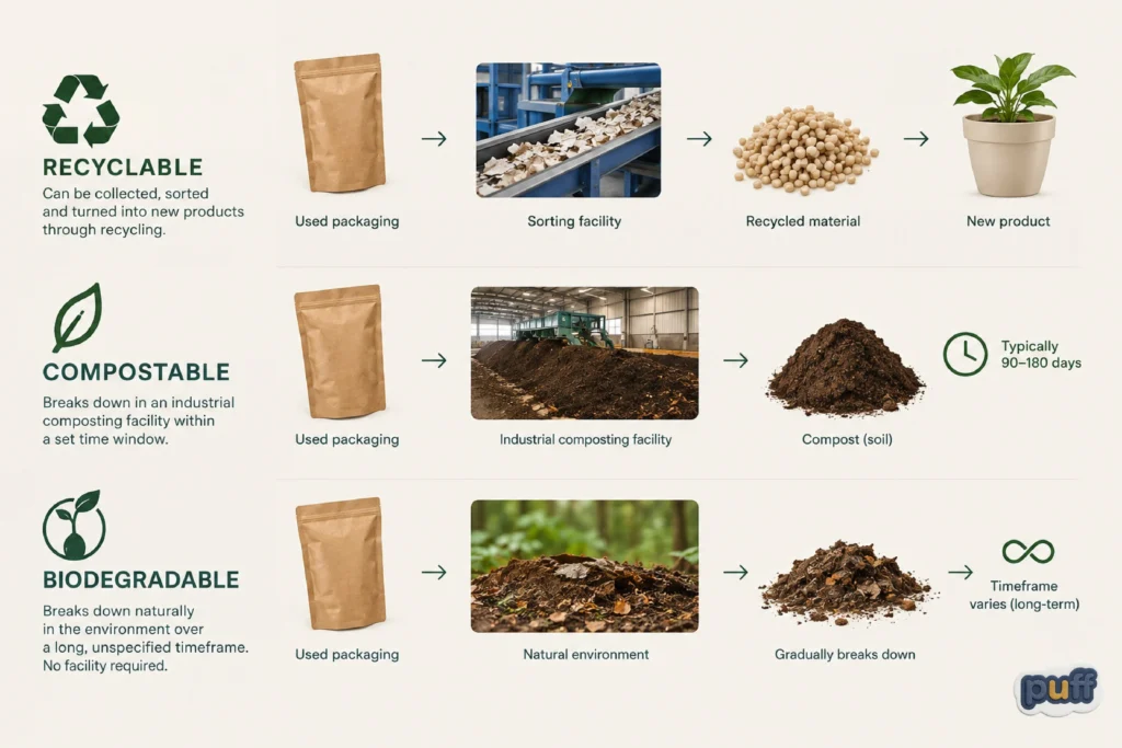 Infographic comparing recyclable, compostable, and biodegradable packaging and what happens to each after disposal