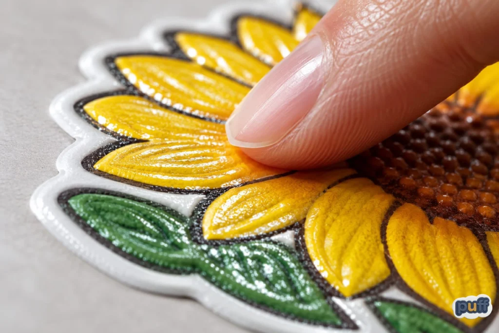 The Reflex to Touch a Raised Surface 2 Extreme close-up of a sunflower puffy sticker with embossed petals and glossy raised texture being touched by a fingertip, highlighting the dimensional and tactile qualities of puffy stickers.